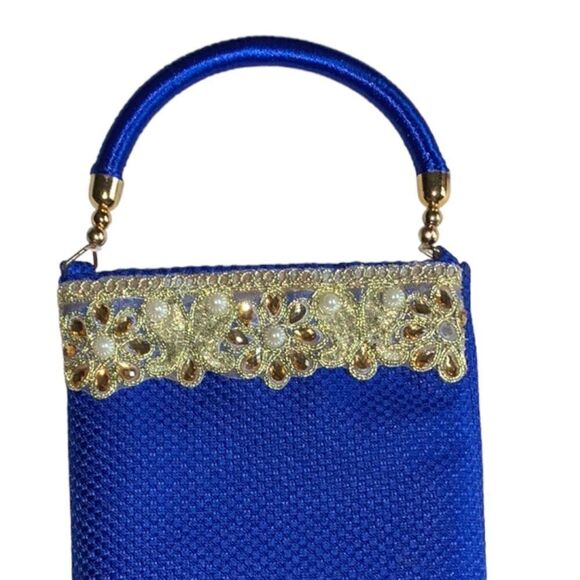 ROYAL Blue Mini Bag with Gold & Pearl Embellishments - Picture 6 of 7